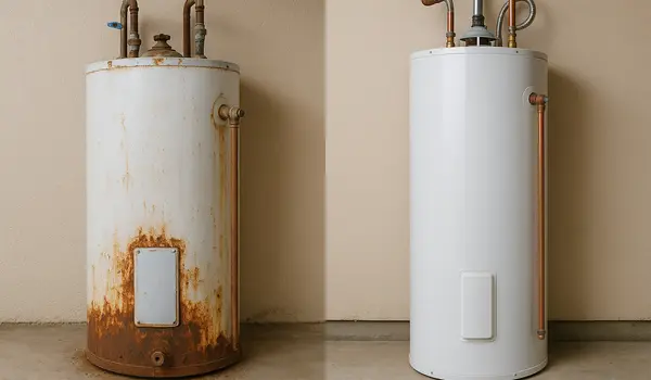 a rusted water heater next to a brand new water heater from Emergency Plumber Grand Prairie in Grand Prairie, TX - Burst Pipe Repair