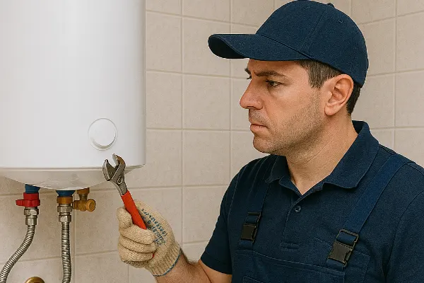 a male plumber working on a water heater mounted on the wall from Emergency Plumber Grand Prairie in Grand Prairie, TX - Burst Pipe Repair
