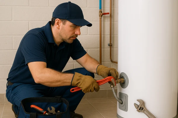 a male plumber working on a water heater connection from Emergency Plumber Grand Prairie in Grand Prairie, TX - Burst Pipe Repair
