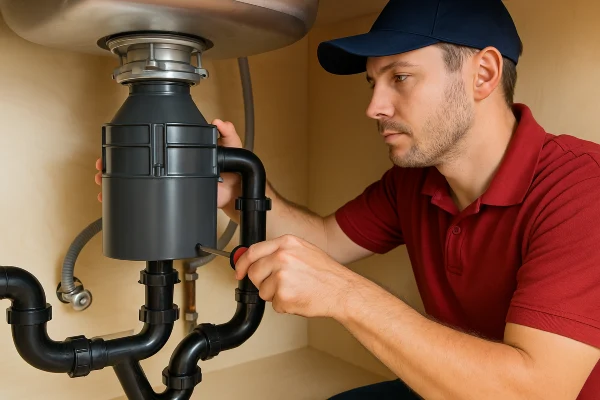 a male plumber using a screwdriver to fix a garbage disposal from Emergency Plumber Grand Prairie in Grand Prairie, TX - Burst Pipe Repair