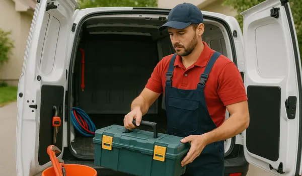 a plumbing technician putting his toolbox back in his van from Emergency Plumber Grand Prairie in Grand Prairie, TX - Kitchen Sink Installation