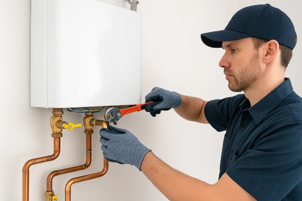 a plumber working on a tankless water heater from Emergency Plumber Grand Prairie in Grand Prairie, TX - Kitchen Sink Installation