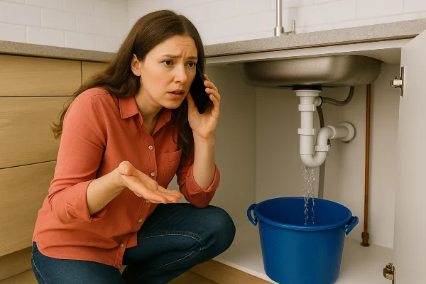 a woman on the phone about a water leak underneath her kitchen sink from Emergency Plumber Grand Prairie in Grand Prairie, TX - Kitchen Sink Installation