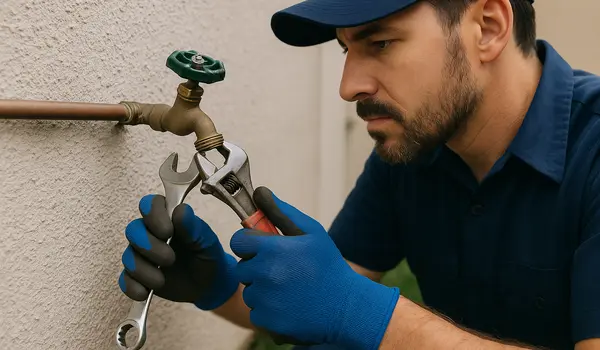 a male plumber fixing an outdoor faucet from Emergency Plumber Grand Prairie in Grand Prairie, TX - Plumbing Pipe Redesign