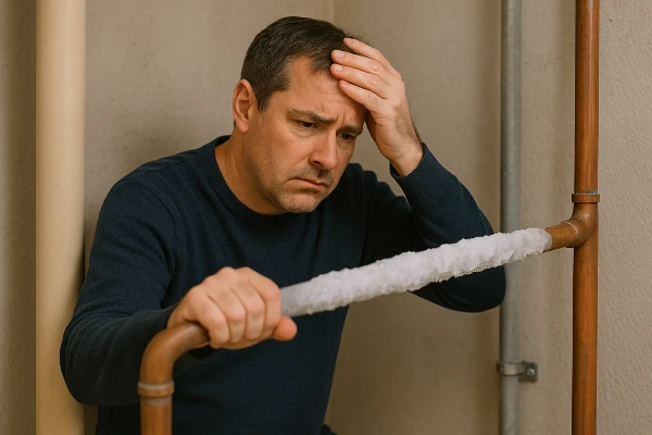 a worried plumber looking at a frozen pipe from Emergency Plumber Grand Prairie in Grand Prairie, TX - Plumbing Pipe Redesign