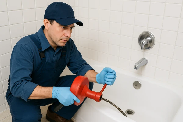 a plumber running a snake to clear a bathtub drain from Emergency Plumber Grand Prairie in Grand Prairie, TX - Plumbing Pipe Redesign
