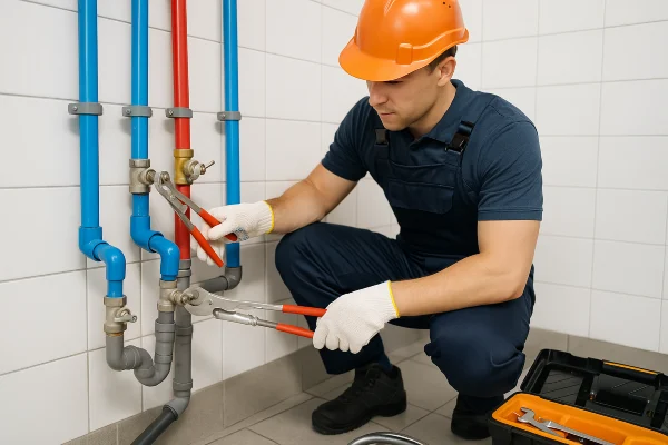 a plumber working on commercial pipe connections from Emergency Plumber Grand Prairie in Grand Prairie, TX - Plumbing Pipe Redesign