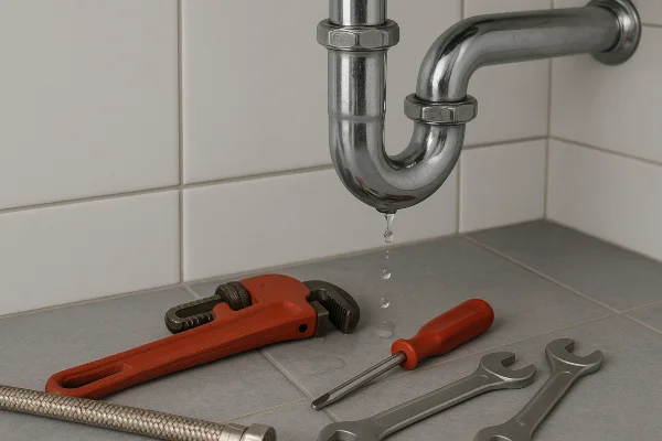 a sink water leak and plumbing tools on the floor from Emergency Plumber Grand Prairie in Grand Prairie, TX - Slab Leak Detection