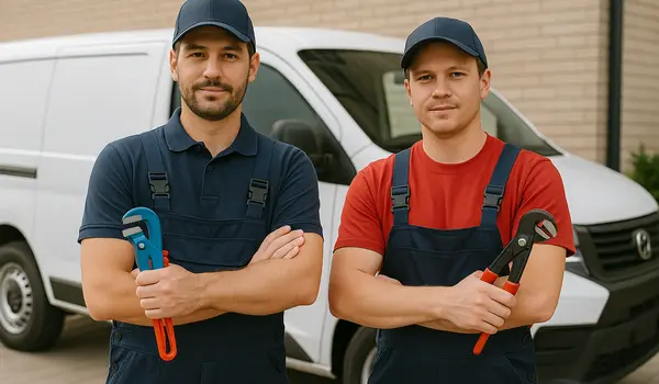 2 male plumbers looking at the camera from Emergency Plumber Grand Prairie in Grand Prairie, TX - Toilet Replacement 2 male plumbers looking at the camera from Emergency Plumber Grand Prairie in Grand Prairie, TX - Toilet Replacement