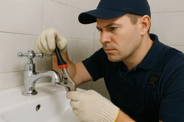 a plumbing technician using a tool to fix a water faucet from Emergency Plumber Grand Prairie in Grand Prairie, TX - Toilet Replacement a plumbing technician using a tool to fix a water faucet from Emergency Plumber Grand Prairie in Grand Prairie, TX - Toilet Replacement