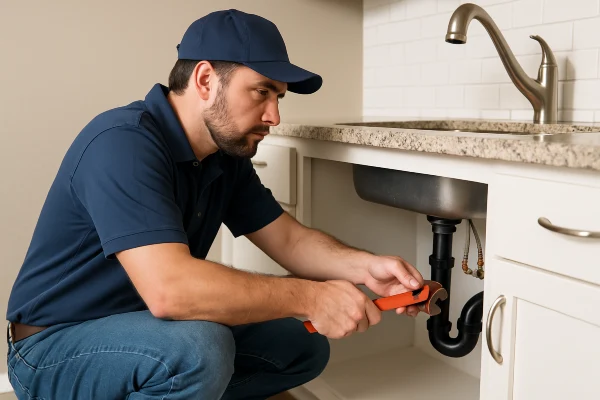 a male plumber checking a kitchen sink pipe connection from Emergency Plumber Grand Prairie in Grand Prairie, TX - Toilet Replacement a male plumber checking a kitchen sink pipe connection from Emergency Plumber Grand Prairie in Grand Prairie, TX - Toilet Replacement